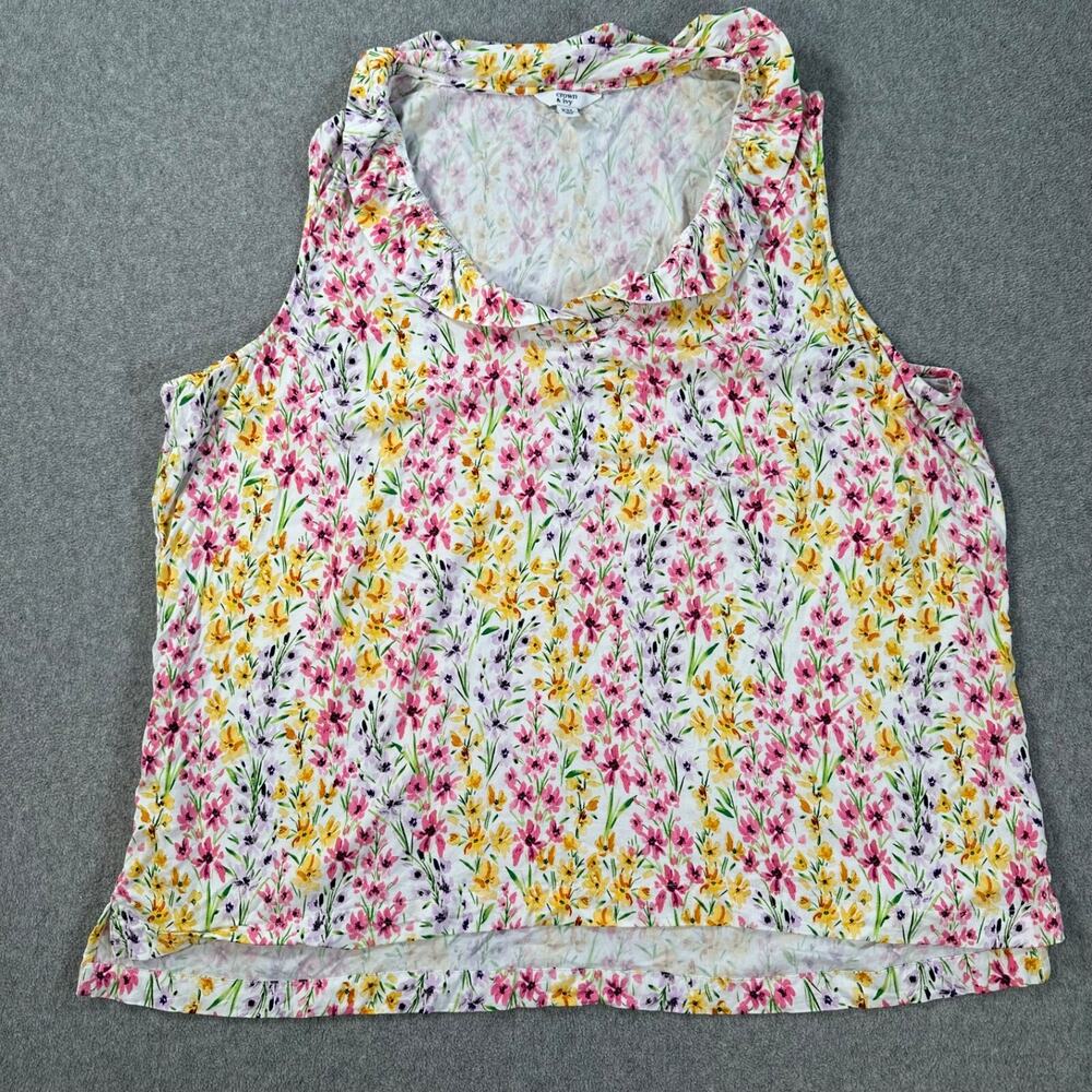 Crown & Ivy Floral Ruffle Collar Sleeveless Blouse Women's XXL Pink Yellow White